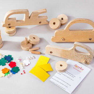 Wooden car building kit for three cars